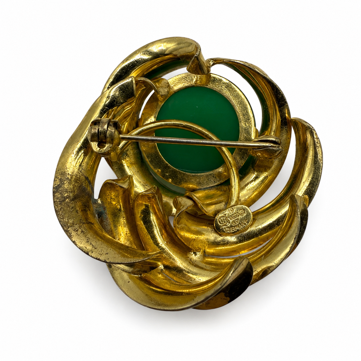 Vintage Grosse Germany 1969 Green Glass Cabonchon Brooch
