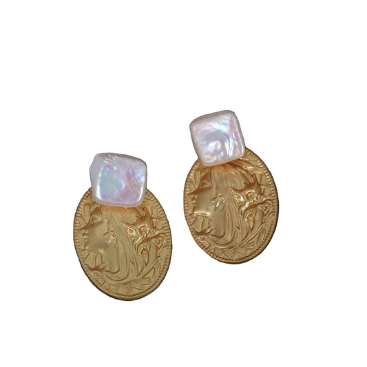 Baroque Freshwater Pearl With Art Nouveau Cameo Style Post Earrings