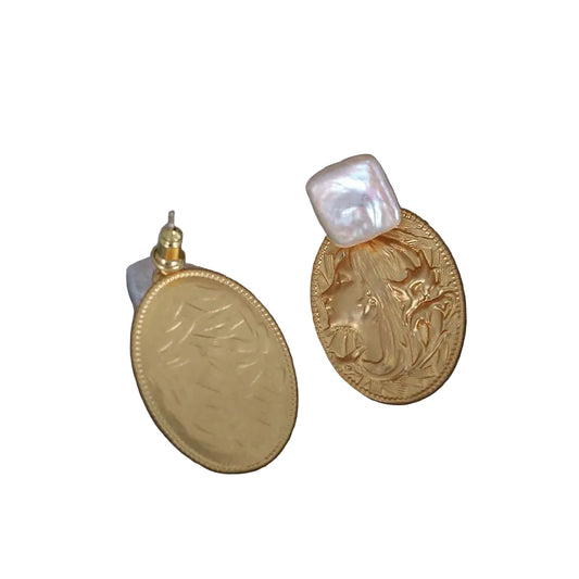 Baroque Freshwater Pearl With Art Nouveau Cameo Style Post Earrings