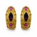Vintage Guy Laroche Purple Pink Rhinstone Gold Tone Clips On Earrings