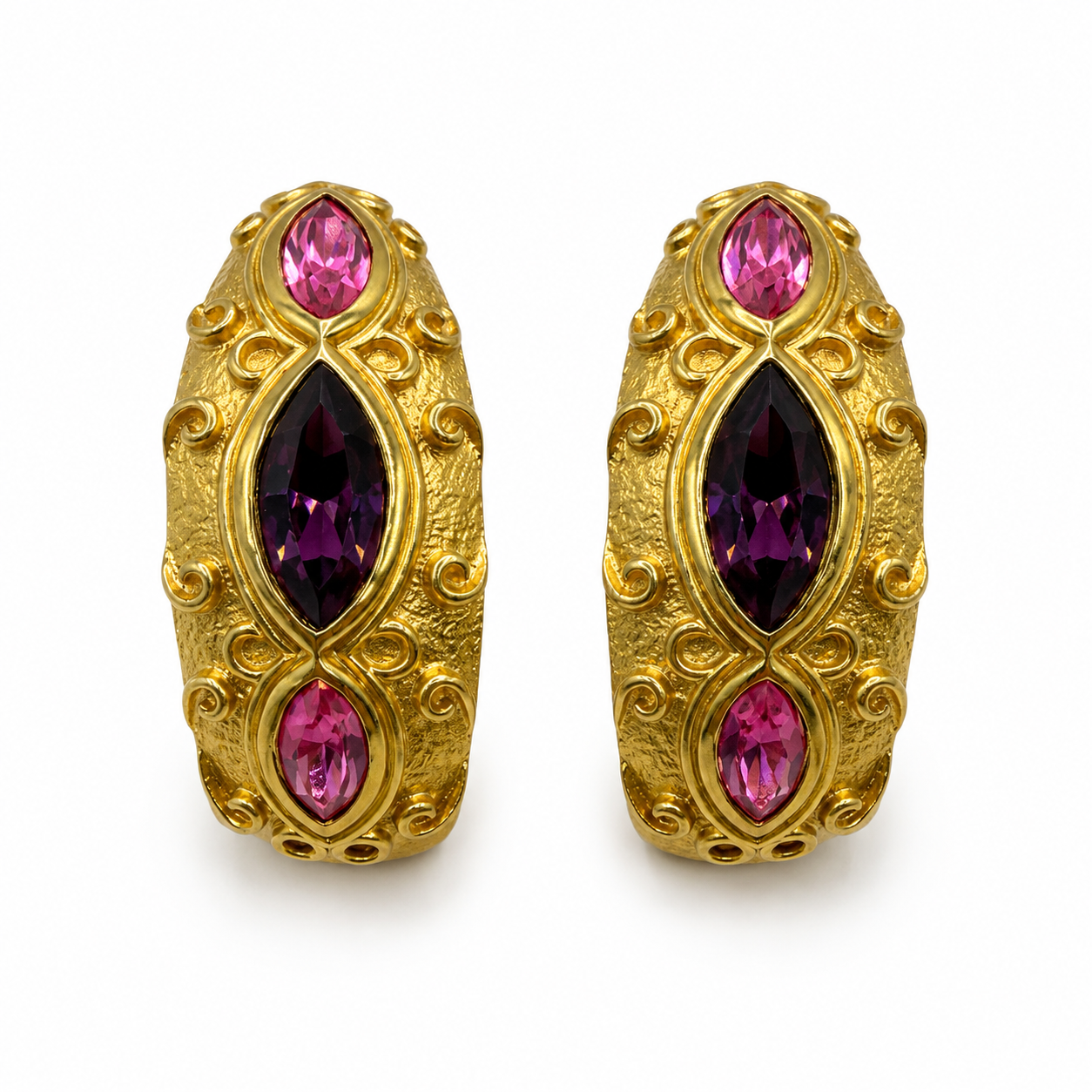 Vintage Guy Laroche Purple Pink Rhinstone Gold Tone Clips On Earrings