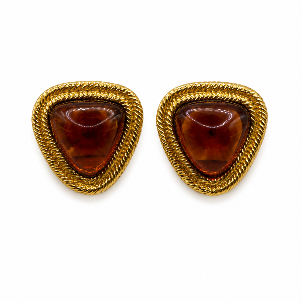 Vintage Chanel Gripoix Glass Cabochon Gold Tone Clip Earrings