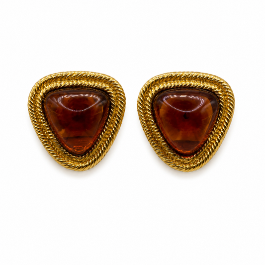 Vintage Chanel Gripoix Glass Cabochon Gold Tone Clip Earrings