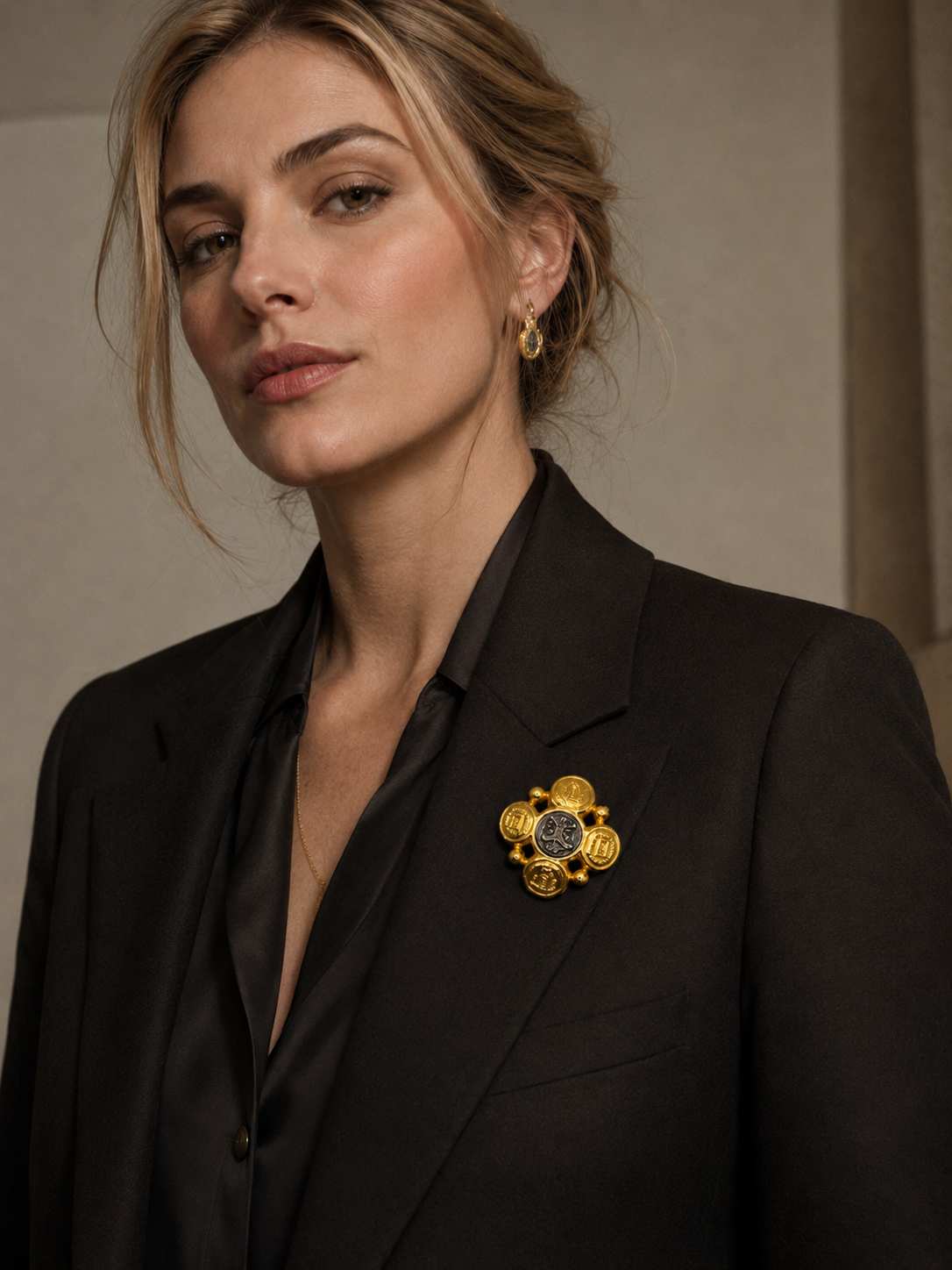 Vintage Fendi Brooch Coin-like Gold Tone Pin