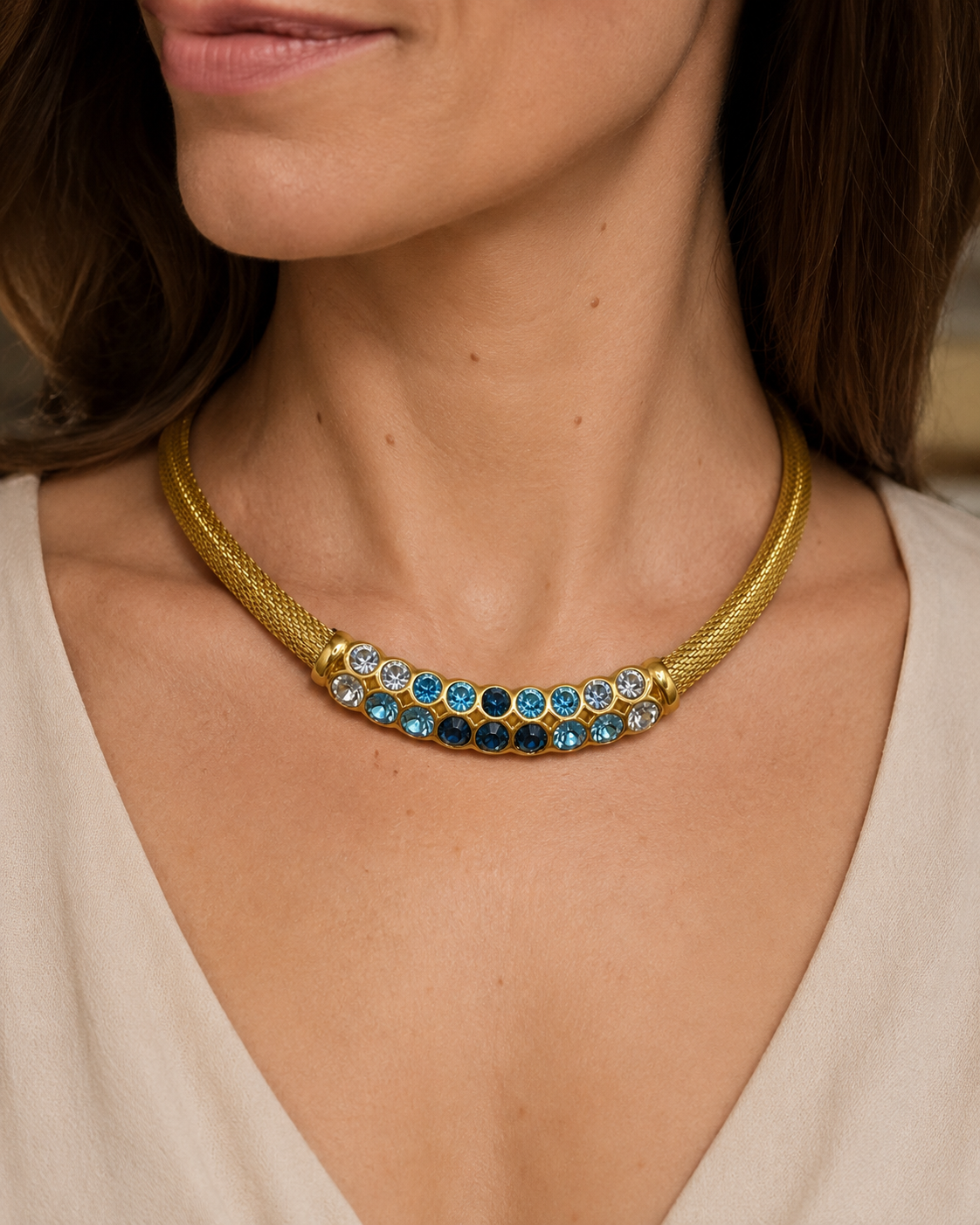 Vintage Christian Dior Blue Rhinestone Omega Necklace