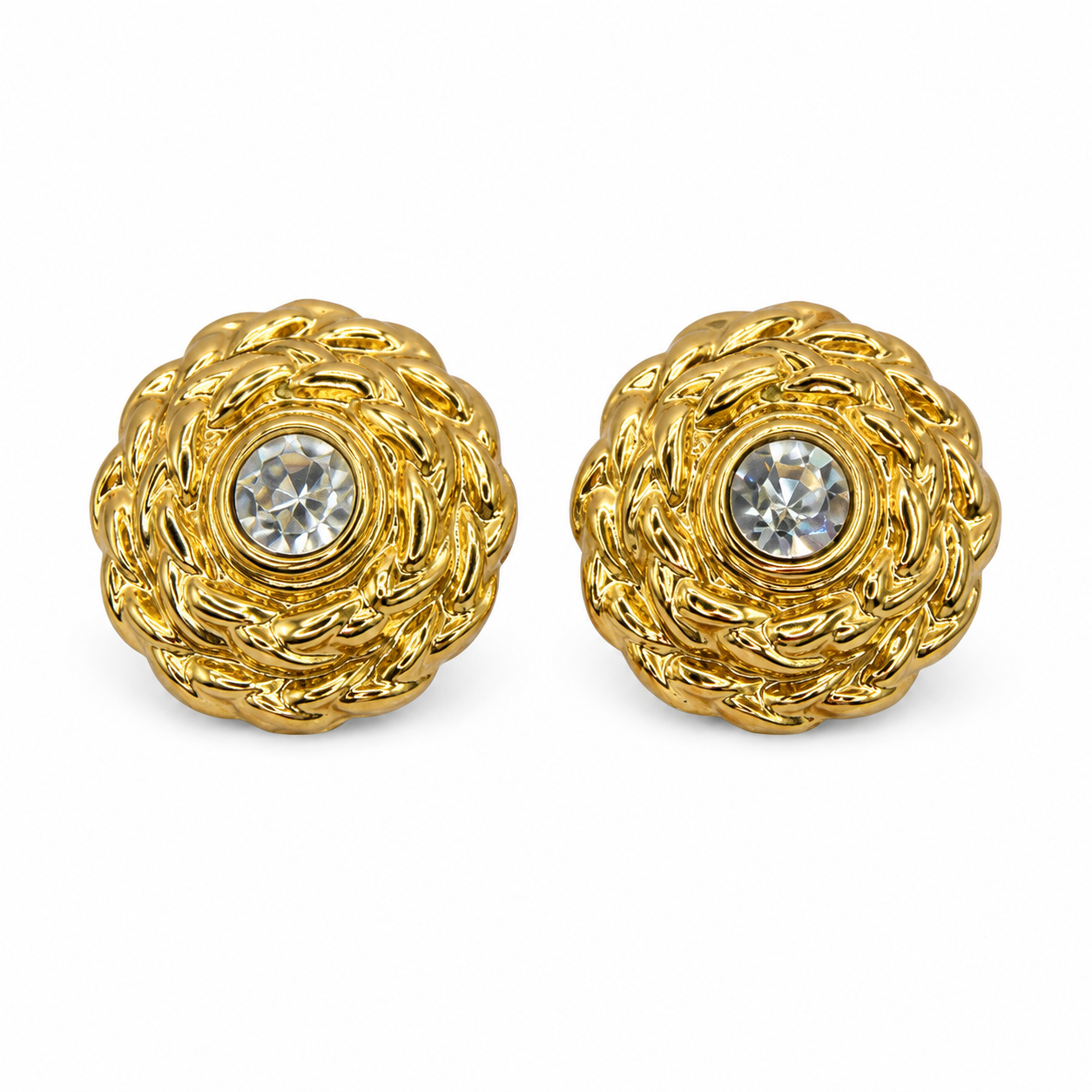 Vintage YSL Gold Tone Rhinestone Round Clips On Earrings