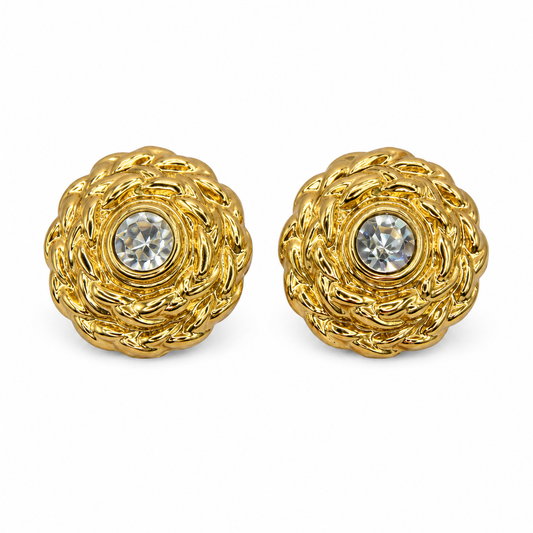 Vintage YSL Gold Tone Rhinestone Round Clips On Earrings