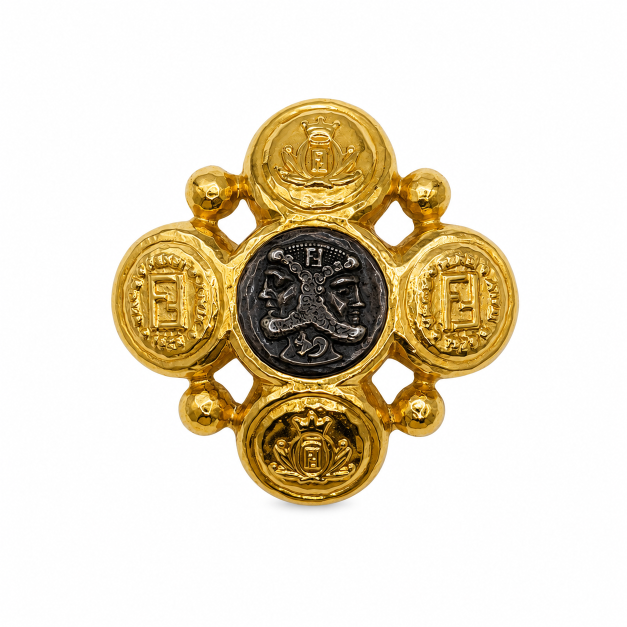 Vintage Fendi Brooch Coin-like Gold Tone Pin