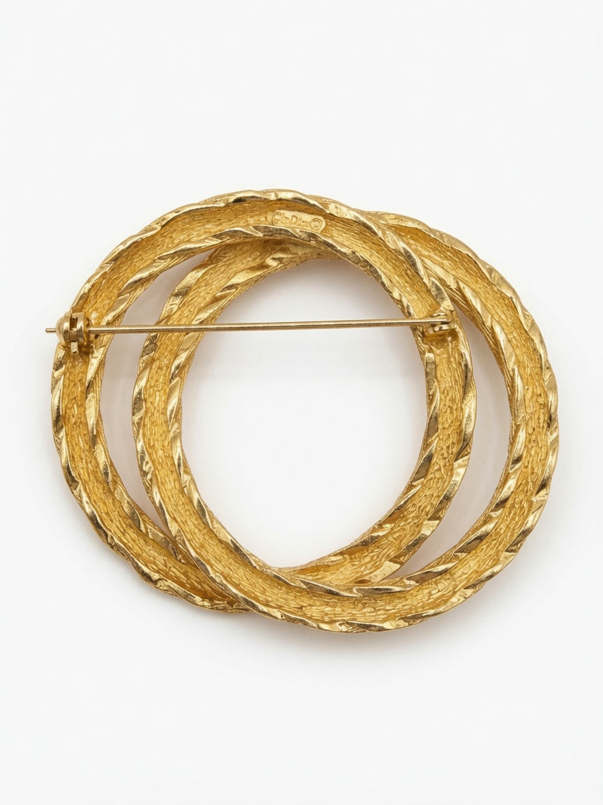 Vintage Christian Dior Rope Double Circle Gold Tone Brooch