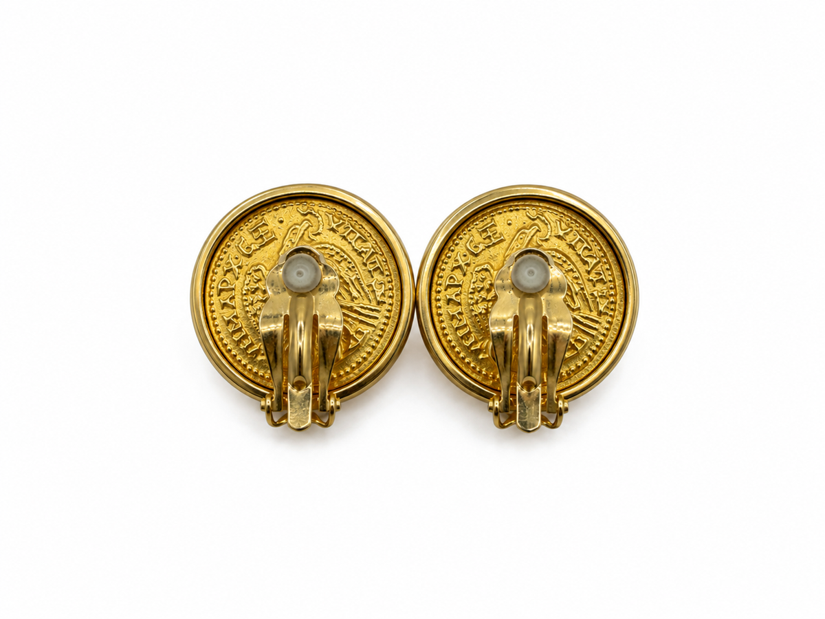 Vintage Carolee Coin Style Gold Tone Round Clips On Earrings