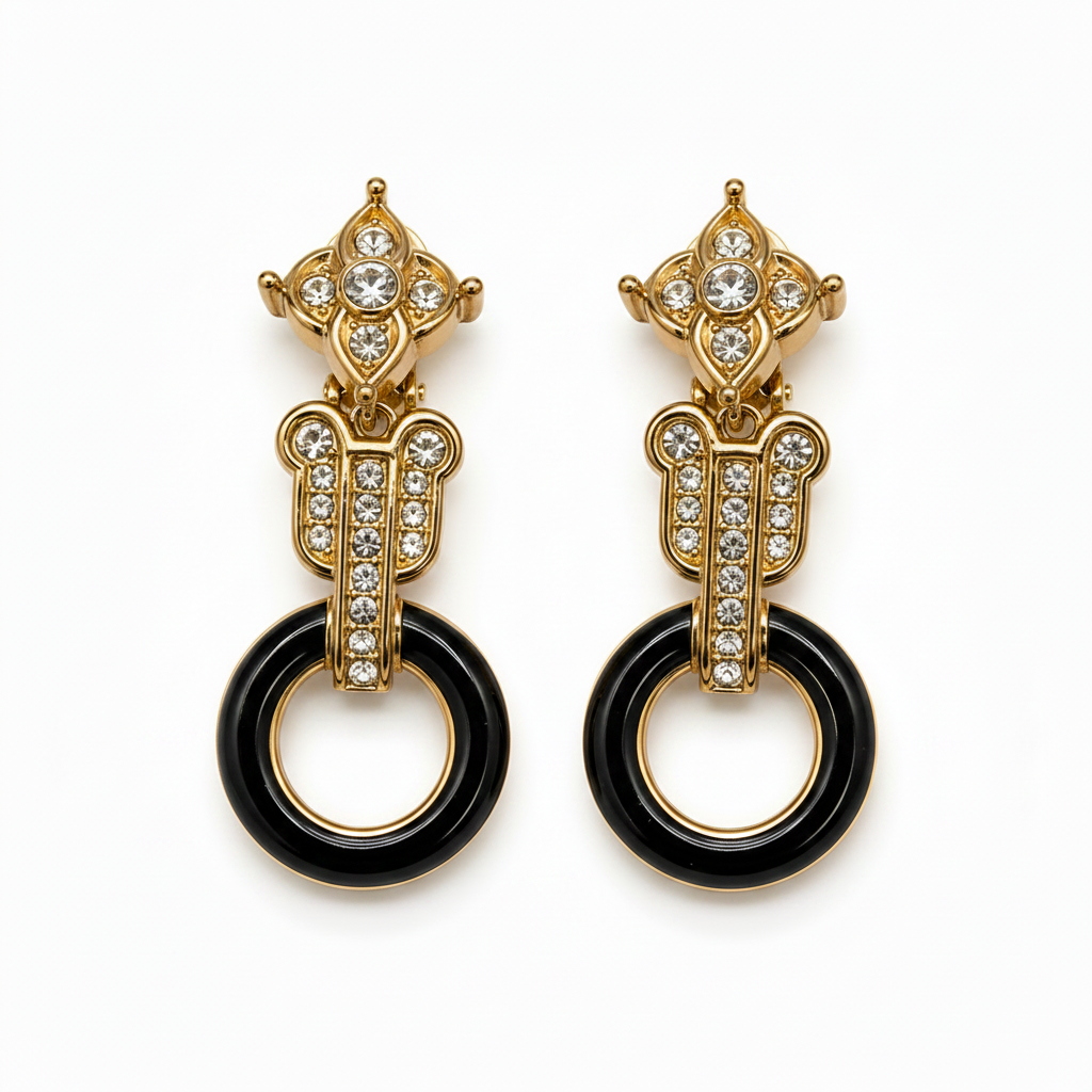 Vintage Christian Dior Black Enamel With Rhinestone Dangle Clips On Earrings