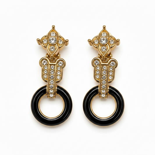 Vintage Christian Dior Black Enamel With Rhinestone Dangle Clips On Earrings